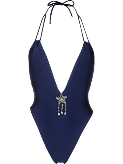 Shop Alessandra Rich Crystal-embellished Open-back Swimsuit In Blue
