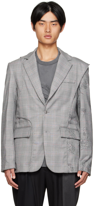 Feng Chen Wang Gray Check Blazer In Grey Check
