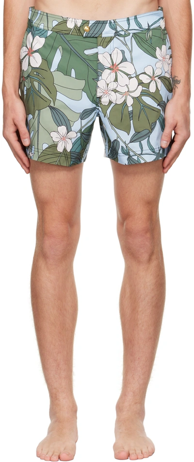 Shop Tom Ford Green Floral Swim Shorts In 102 Sky/green