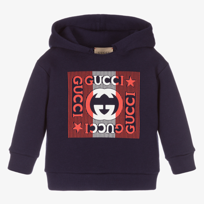 Shop Gucci Navy Blue Cotton Logo Hoodie