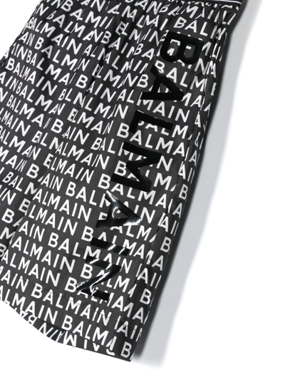 Balmain Teen Black And White Logo Print Swim Shorts In Black