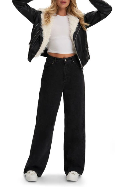 Noize Suren Faux Shag Fur & Leather Jacket In Black
