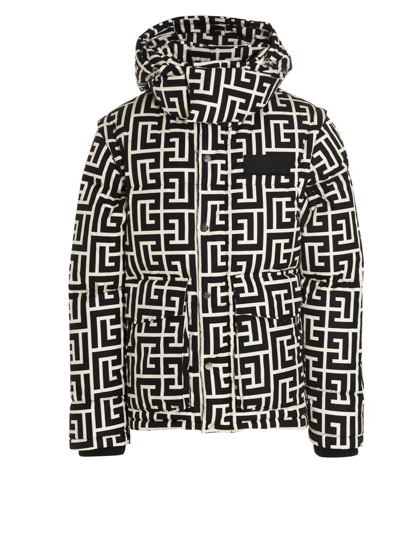 Shop Balmain Maxi Monogram Hooded Down Jacket In White/black
