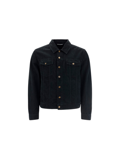 Shop Saint Laurent Denim Jacket In Bright Black Stonewash