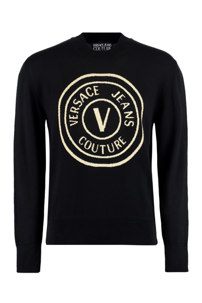 Shop Versace Jeans Couture Intarsia Crew-neck Sweater In Black