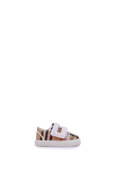 Shop Burberry Leather Sneaker With Vintage Check Pattern In Beige