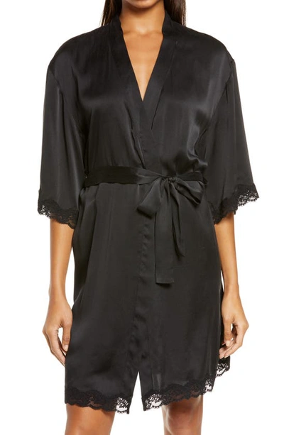 Shop Papinelle Lace Trim Silk Short Robe In Black