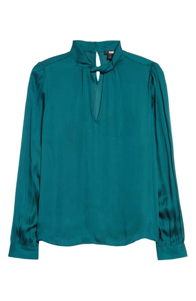 Shop Paige Ceres Cutout Twist Neck Satin Blouse In Midnight Cyan