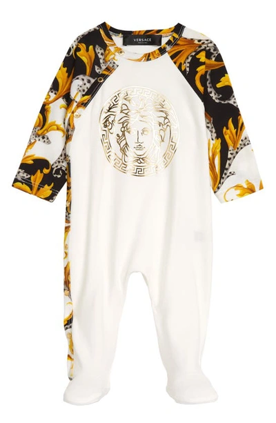 Shop Versace Barocco Medusa Logo Stretch Cotton Footie In White/ Gold