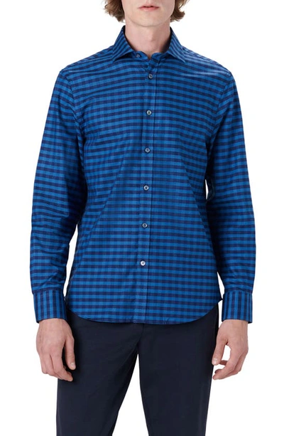 Shop Bugatchi Shaped Fit Check Stretch Cotton Button-up Shirt In Night Blue