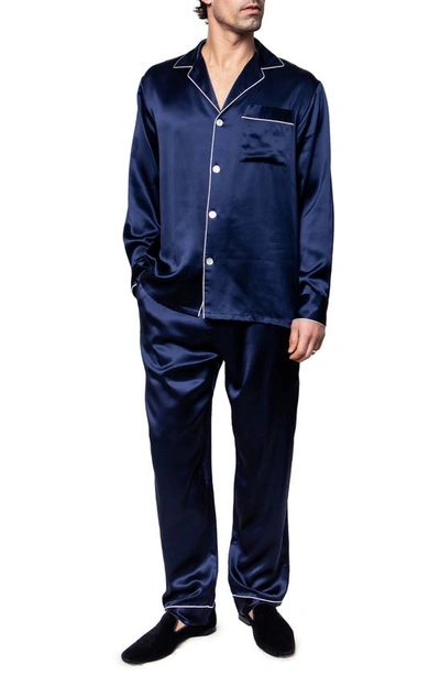 Shop Petite Plume Navy Piped Silk Pajamas