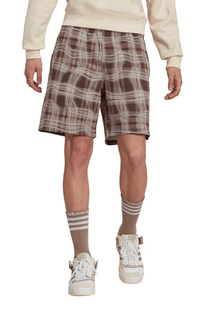 Shop Adidas Originals Reveal Distorted Plaid French Terry Shorts In Chalky Brown