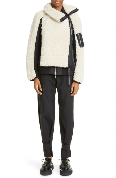 Sacai Off-white & Black Paneled Faux-shearling Jacket In Brown 