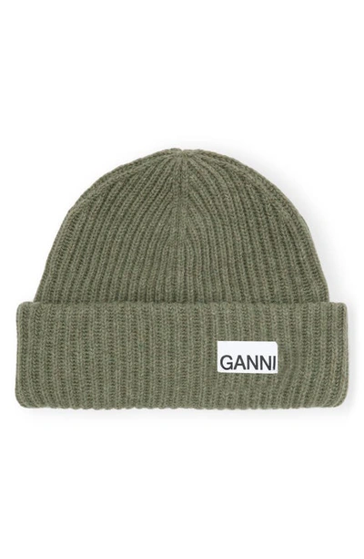 Shop Ganni Structured Rib Wool Blend Beanie In Kalamata