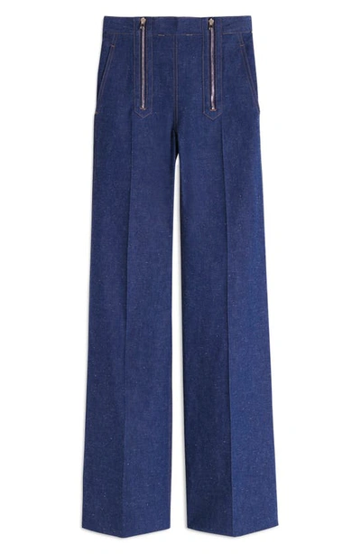 Shop Victoria Beckham High Waist Zip Detail Speckle Flare Jeans In Serge Blue
