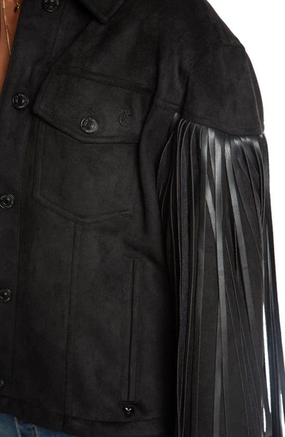 Juicy Couture Fringe Faux Leather Trucker Jacket In Black