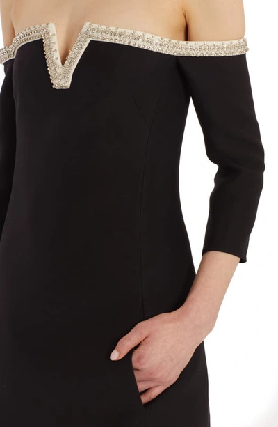 Shop Valentino Beaded Off The Shoulder Wool & Silk Crepe Dress In Nero/avorio