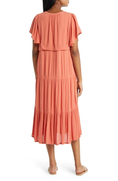 Shop Beachlunchlounge Asena Flutter Sleeve Midi Dress In Coral Blossom