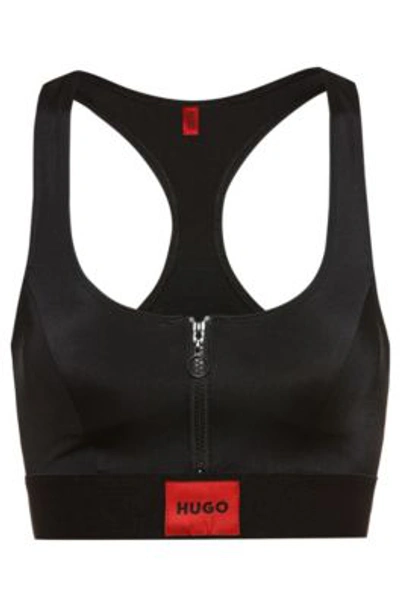 Shop Hugo Racerback Zip-up Bikini Top With Red Logo Label In Black