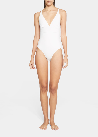 Shop Eres Larcin Deep V Triangle One-piece Swimsuit In Bain De Minuit