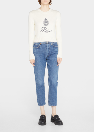 Shop Frame Embroidered Cropped Cashmere Sweater In Off White