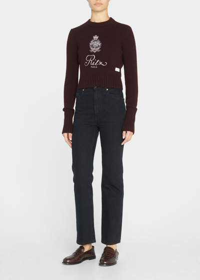 Shop Frame Embroidered Cropped Cashmere Sweater In Bordeaux