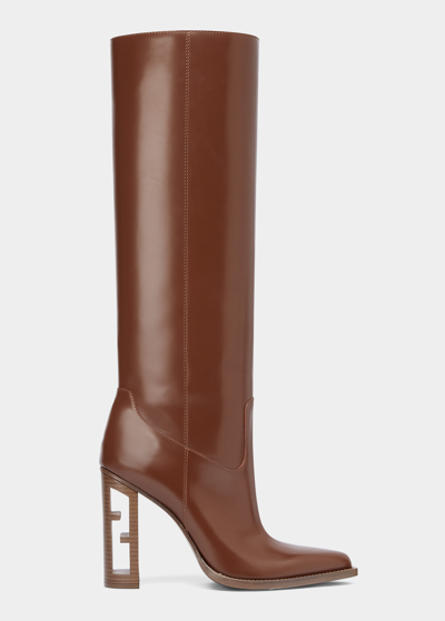 Shop Fendi Vitello Leather Knee Boots In F0qb3 Cuoio
