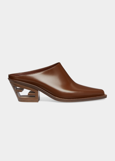Shop Fendi Vitello Leather Cutout-heel Mules In Brown