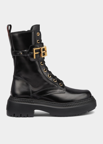 Fendi 50 Logo Leather Biker Boots in Black