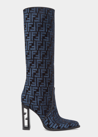 Shop Fendi Vitello Jacquard Knee Boots In Blue