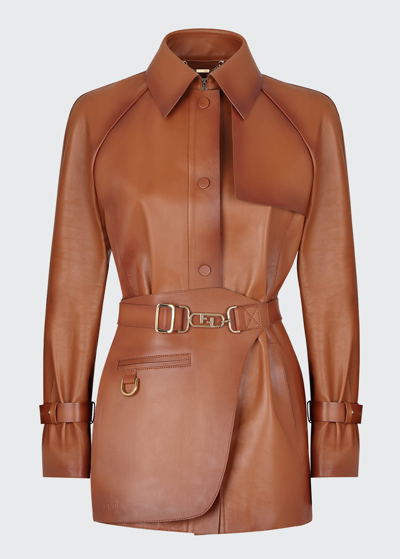 Shop Fendi Shaded Leather Jacket With Detachable Belt In Joe