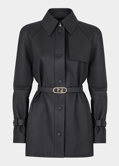Shop Fendi Waxed Leather Button-down Jacket In Black