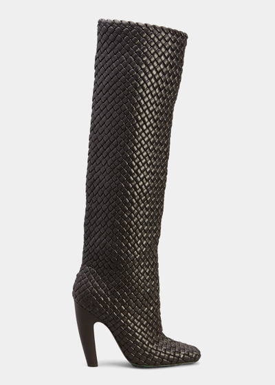 Shop Bottega Veneta Intrecciato Woven Lambskin Knee Boots In Black