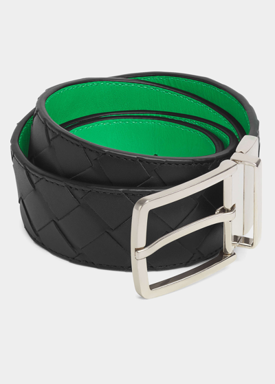 Shop Bottega Veneta Men's Reversible Intrecciato Leather Belt In Dark Green/yellow