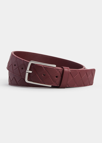 Shop Bottega Veneta Men's Cintura Intrecciato Leather Belt In Dark Red