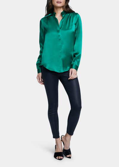 Shop L Agence Bianca Silk Charmeuse Button-down Blouse In Clover Green