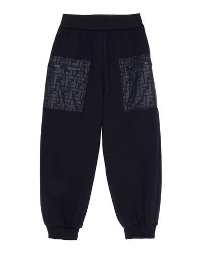Shop Fendi Boy's Sweatpants W/ Logo Pockets In Navy Blue