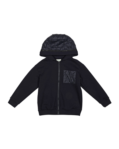 Shop Fendi Boy's Zip Hoodie W/ Logo Details In Navy Blue
