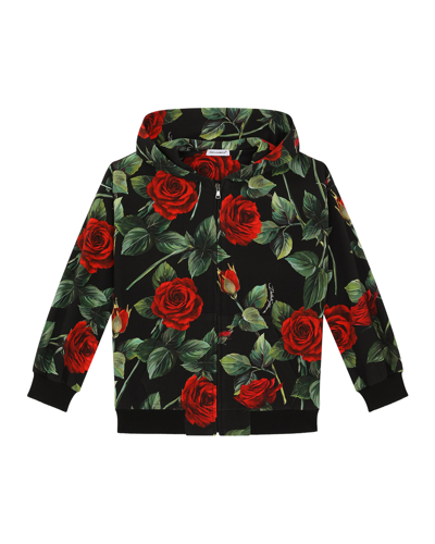 Shop Dolce & Gabbana Girl's Rose-print Hooded Jacket In Rose Print