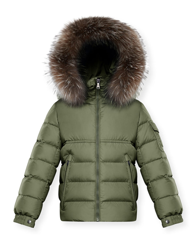 Shop Moncler Boy's Byron Quilted Fur-trim Jacket In Army Green