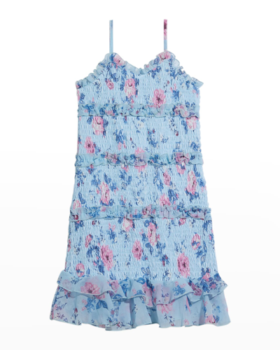 Shop Flowers By Zoe Girl's Floral Smock Dress In Blue/rose Print