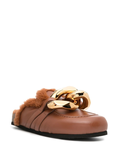 Shop Jw Anderson Chain Shearling-trim Loafers In Brown