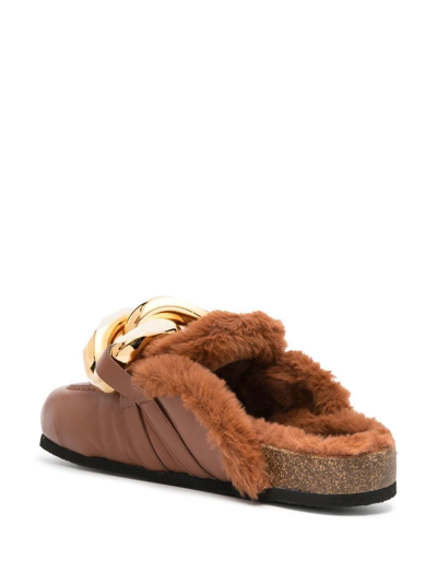 Shop Jw Anderson Chain Shearling-trim Loafers In Brown