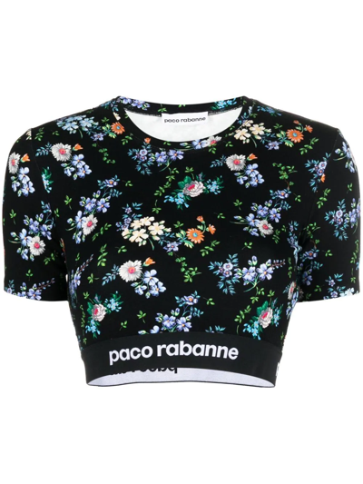 Shop Rabanne Floral-print Crop-top In Black