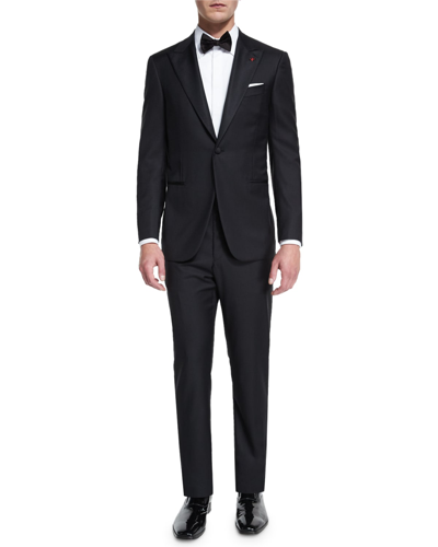 Isaia Satin Peak-lapel One-button Wool Tuxedo, Black In Black