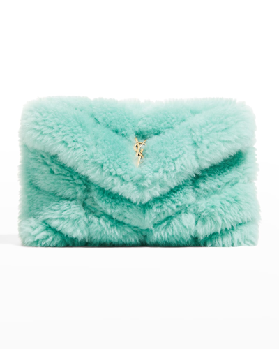 Shop Saint Laurent Puffer Small Quilted Shearling Pouch Clutch Bag In Iced Mint