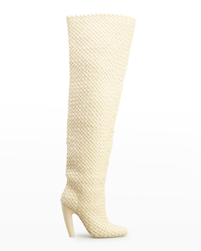 Shop Bottega Veneta Intrecciato Woven Lambskin Over-the-knee Boots In Bianco