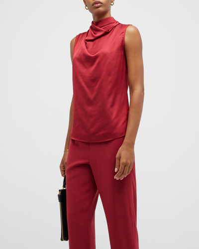 Shop Misook Draped Mock-neck Sleeveless Crepe De Chine Blouse In Scarlet Red