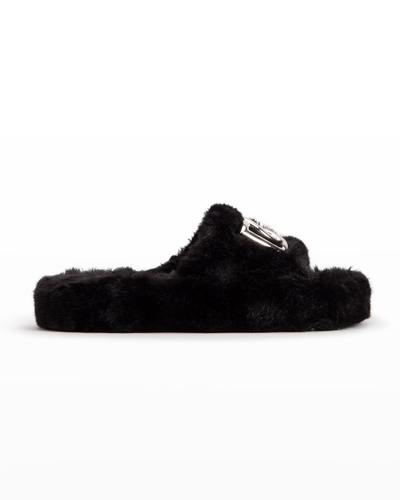 Shop Dolce & Gabbana Men's Beachwear Dg-logo Faux Fur Slides In Black