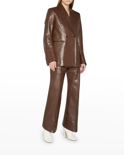 Shop Bottega Veneta Double-breasted Polished Leather Blazer Jacket In Rust